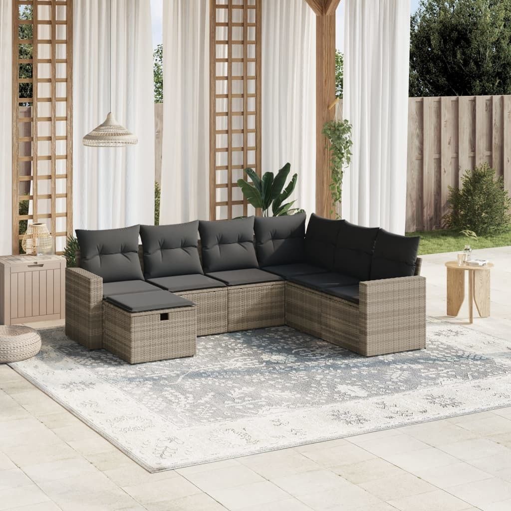 Industrie-Stil 7-tlg. Garten-Sofagarnitur Sofa Set mit Kissen Hellgrau Poly Rattan Terrassenmöbel2024 cloris
