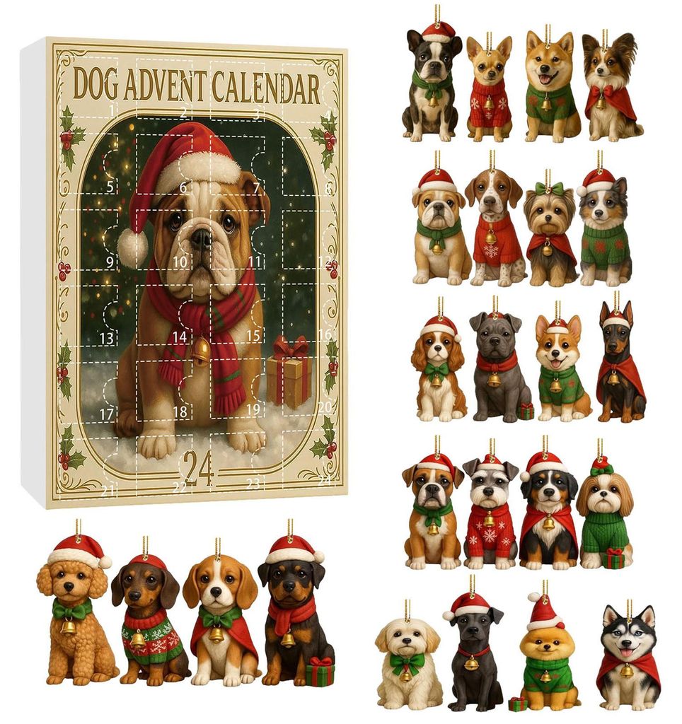 Hunde-Adventskalender 2025, 24 Tage Weihnachts-Countdown-Kalender mit Acryl-Tieranhänger, 24 Hunderassen, Überraschungsgeschenk für Hundeliebhaber