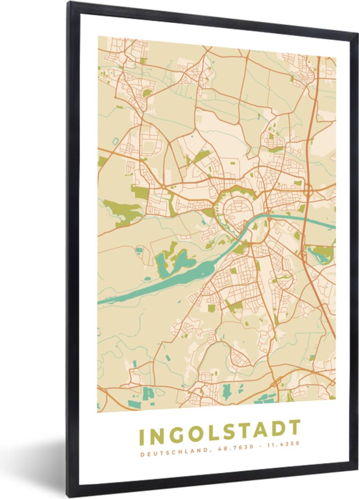 MuchoWow Gerahmtes Poster Ingolstadt - Karte - Stadtplan - Vintage 20x30 cm - Poster mit Schwarzem Bilderrahmen Wandposter Rahmen Foto Bilder - D...