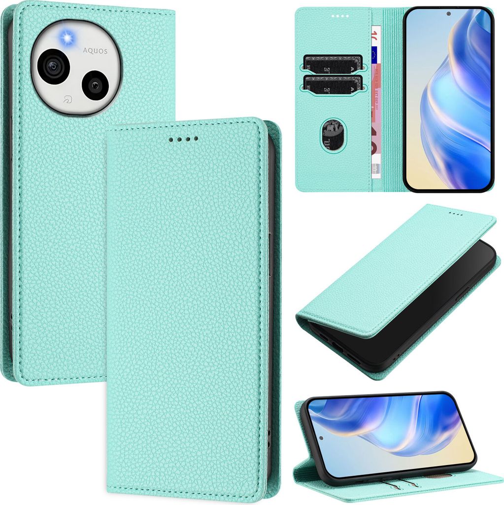 Litchi Leder Handyhülle für Sharp Aquos Sense 9 Plus Wallet Kartenfächer Standfunktion Hülle Türkis