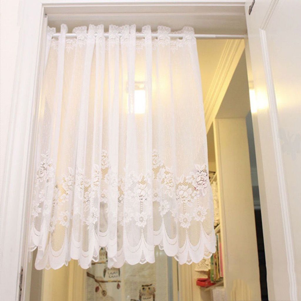 Flächenvorhänge transparent mit Stickerei Kurzgardinen Landhausstil Spitze Vintage Vorhänge Weiß (B x H 100x60cm) 1 Stück
