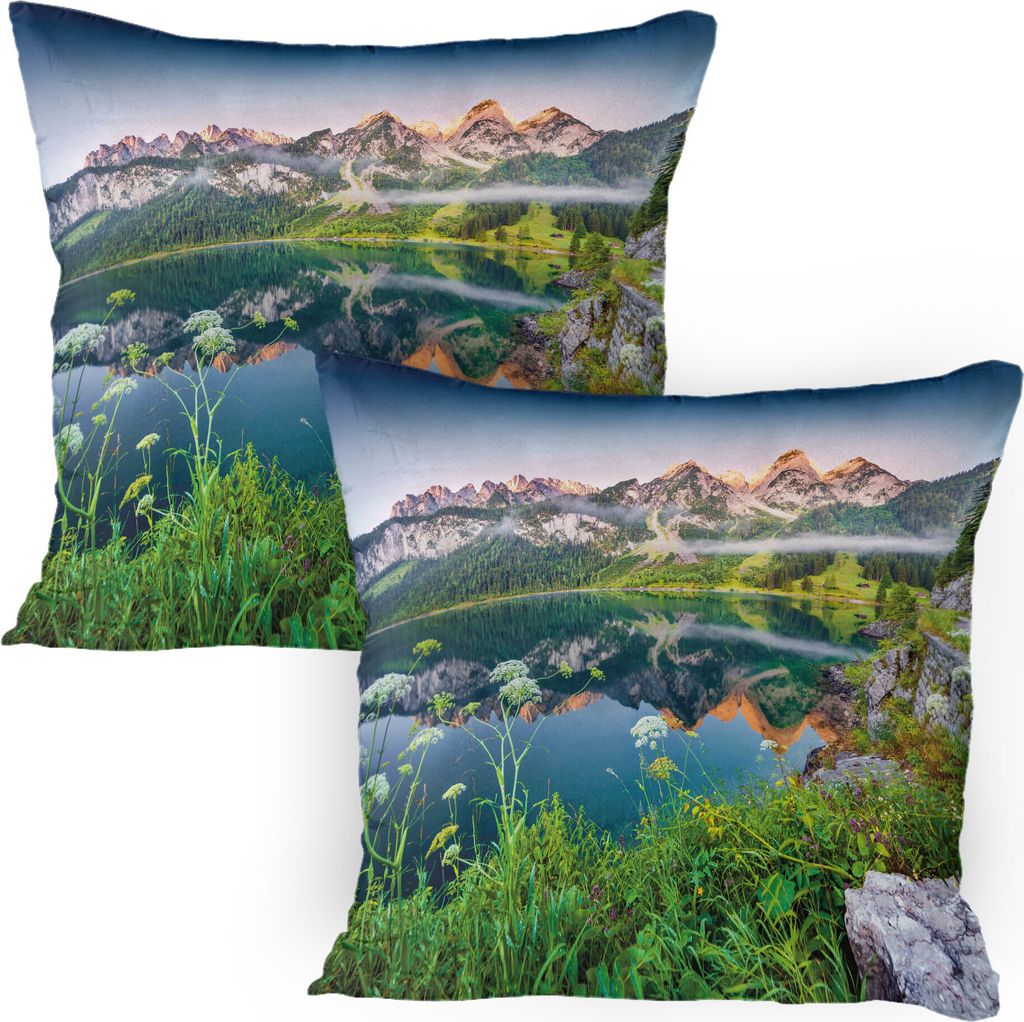 ABAKUHAUS Natur Kissenbezug Packung mit 2, See und Sommer Morgen Österreichischen Alpen Bergen Wanderlust Landschaft Foto, Dekorativer Gedruckter ...