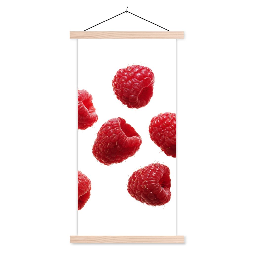 MuchoWow Textilposter Obst - Himbeere - Weiß 40x80 cm mit holzfarbenen Rahmen - Wohnzimmer