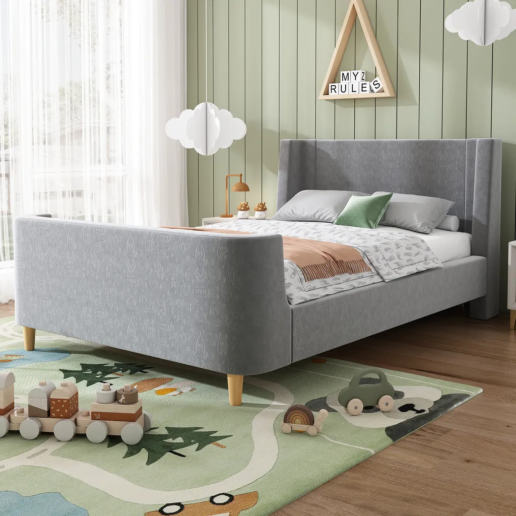 Lit rembourré Flieks 90x200cm avec sommier à lattes en velours gris