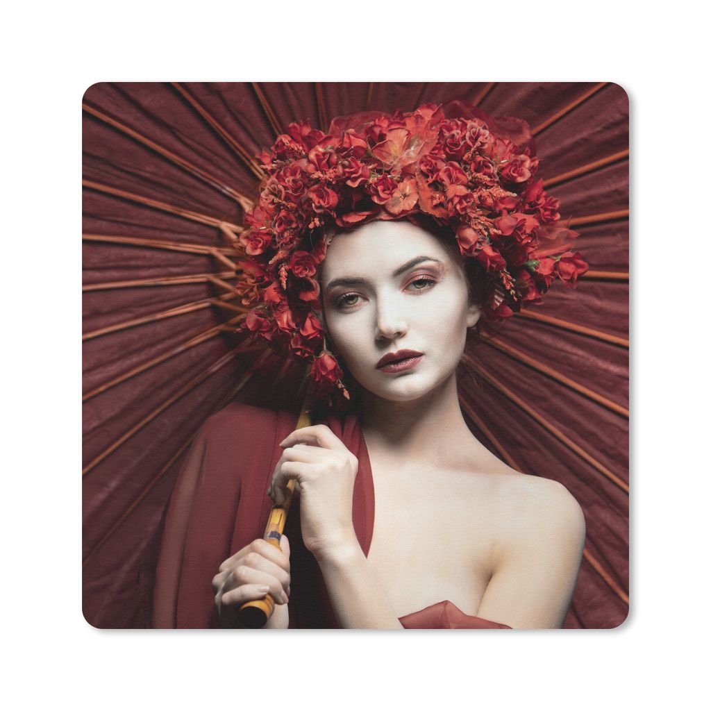 MuchoWow Mauspad Mousepad Frau - Rot - Porträt - Regenschirm 20x20 cm - Mousepads - Maus Mat - Pad - Mausunterlage - Desk Mat - Bureauartikeln