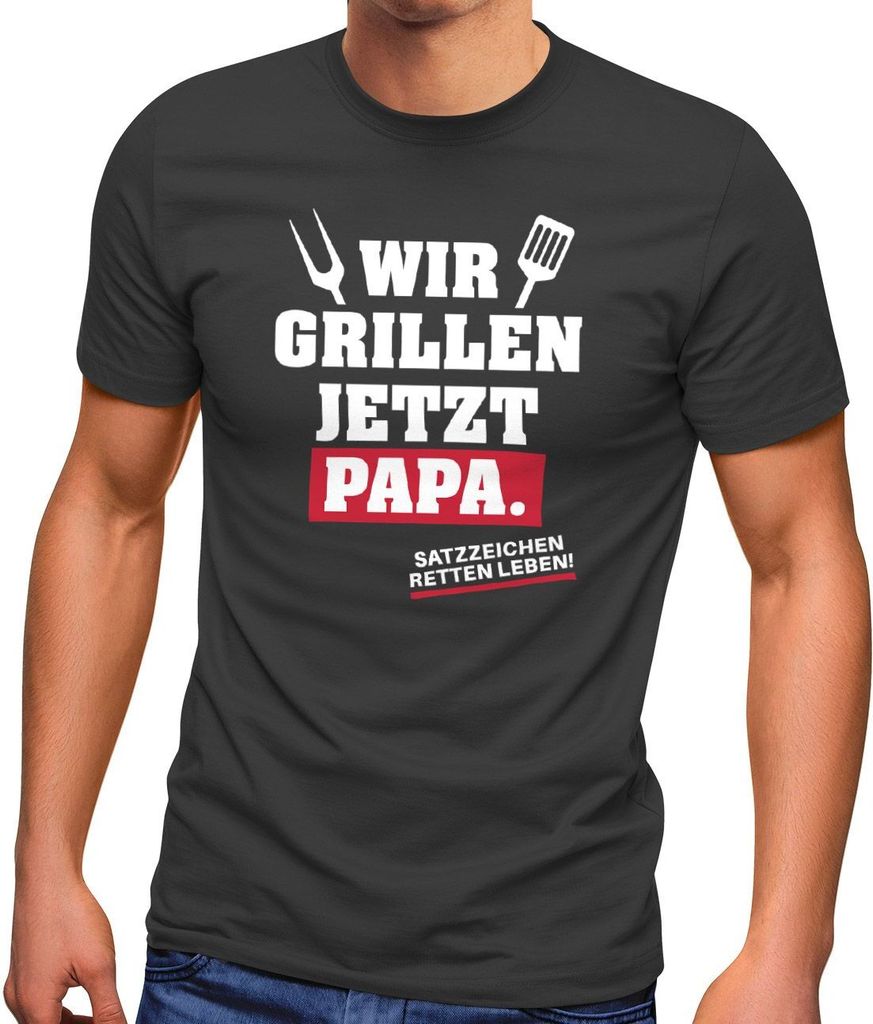 Herren T-Shirt Wir grillen jetzt Papa. Satzzeichen retten Leben! Geschenk Väter lustig Fun-Shirt Spruch lustig Moonworks anthrazit L