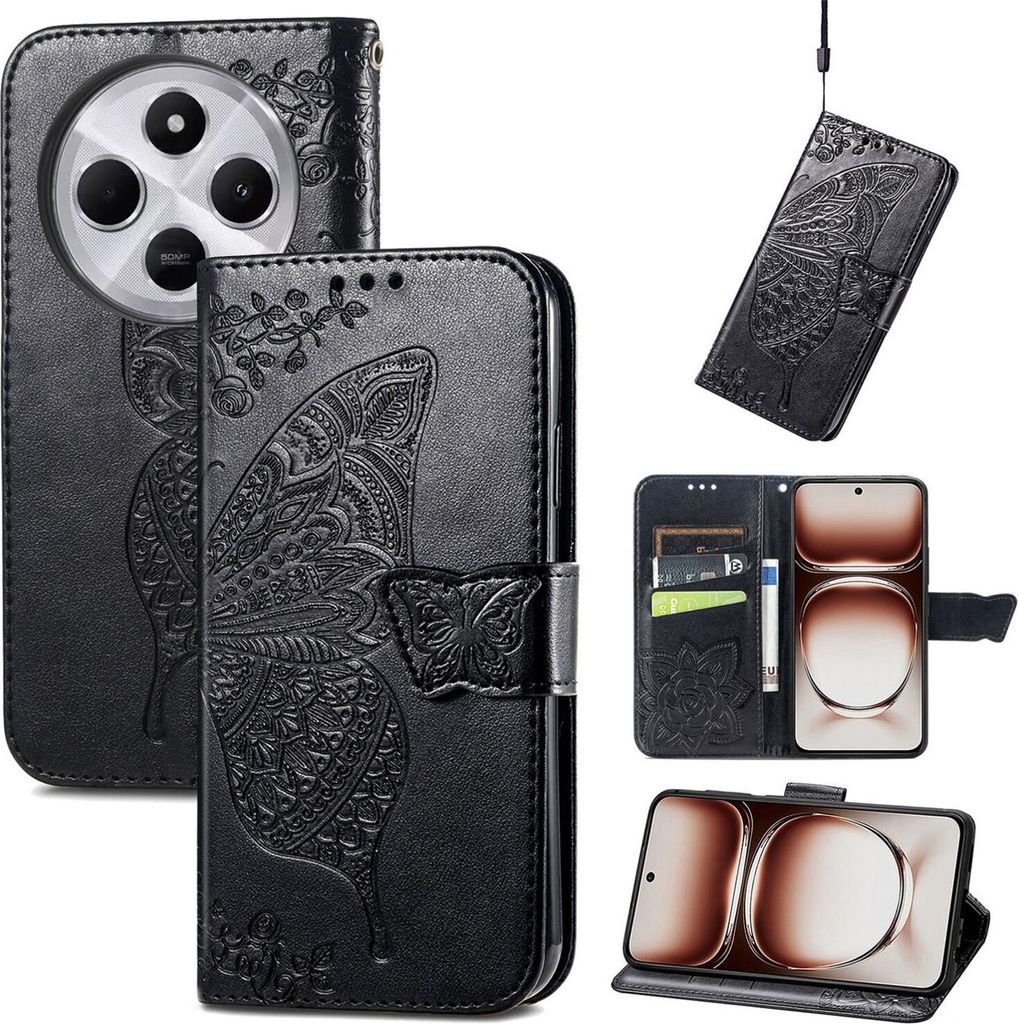 Für Xiaomi Redmi 14C Kunstleder Wallet Handy Tasche Schmetterling Design Hülle Etuis Schwarz