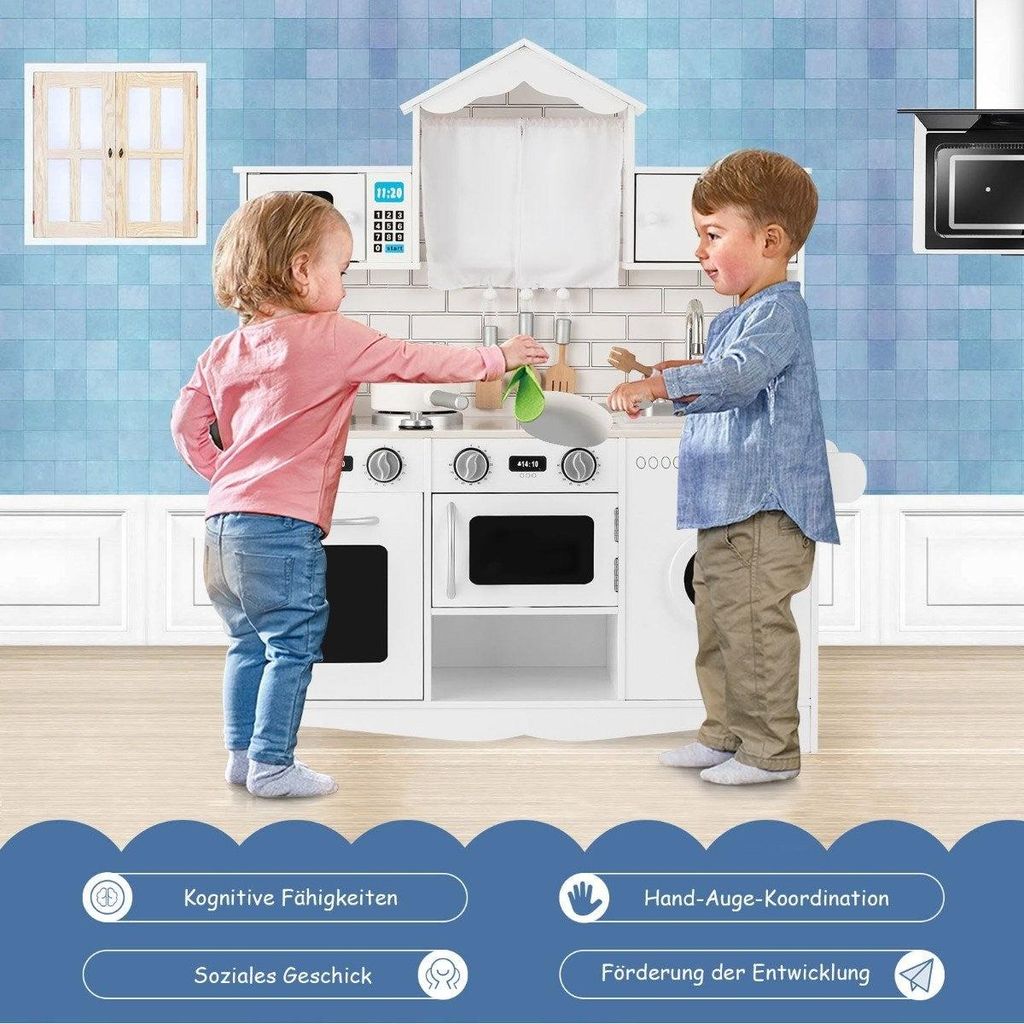 Kinderküche inkl. Spielzubehör Spielküche mit Waschmaschine & Mikrowelle 78 x 29 x 93 cm Weiß