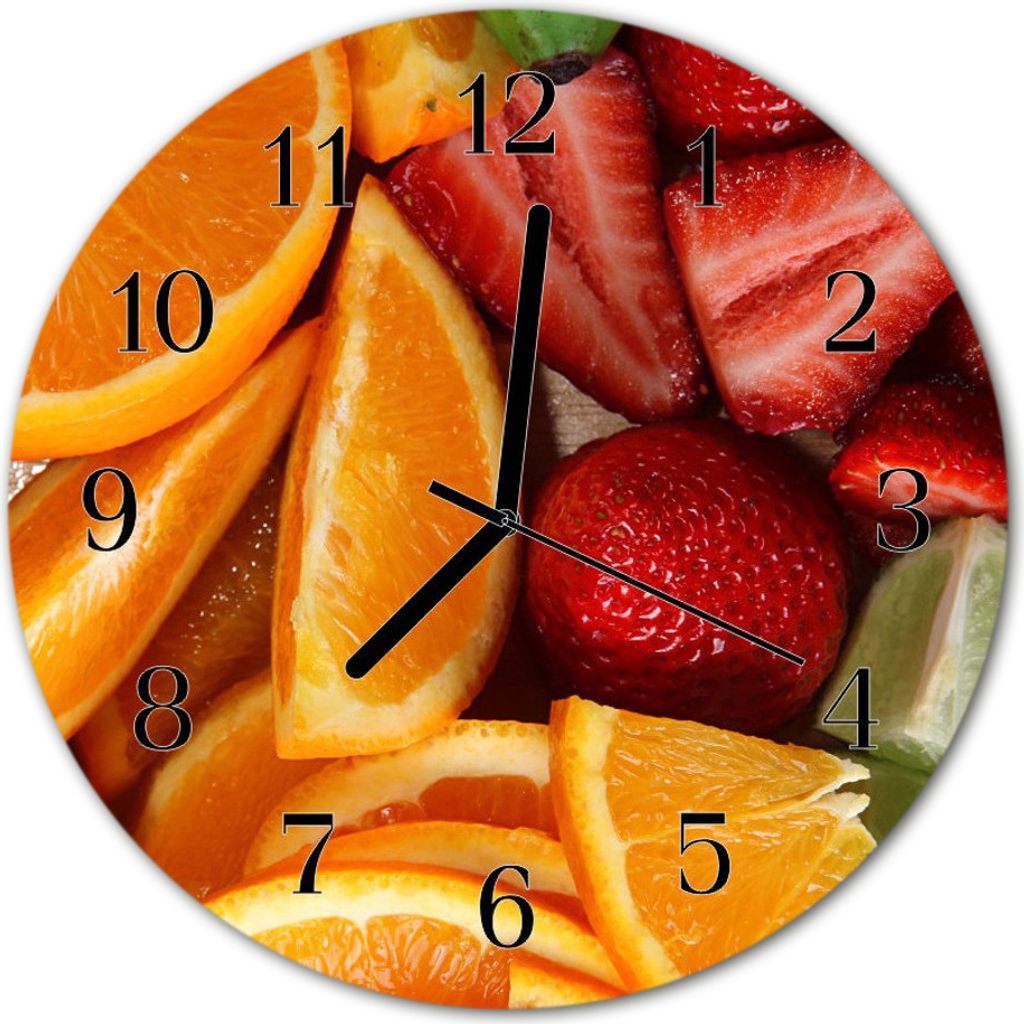 Glasuhr Wanduhr Küchenuhr Echt-Glas 30fi cm Früchte orange rot