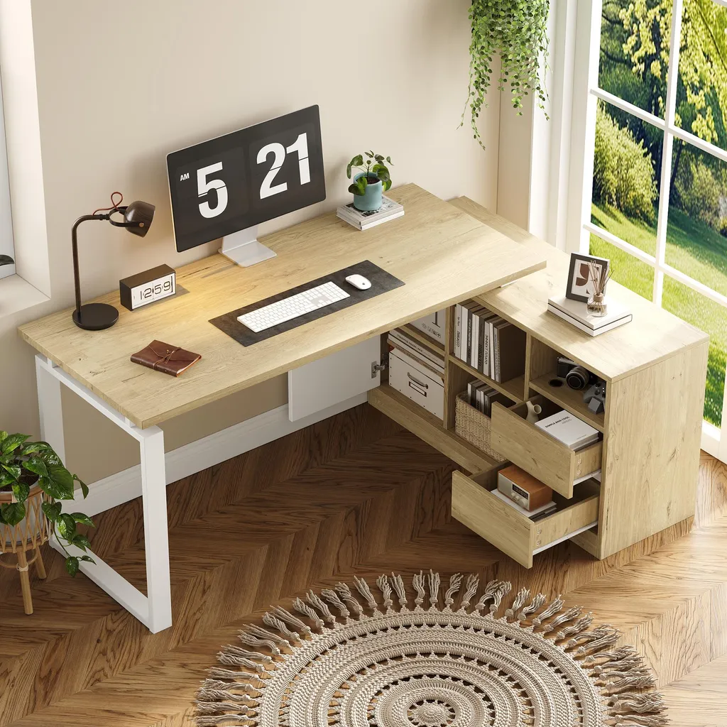 Bureau d'angle avec rangements intégrés, meuble informatique gain de place