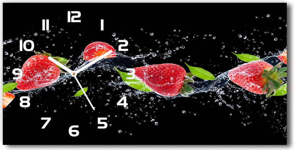 Wanduhr aus Glas – 60x30 cm - Glasbild - Glasuhr - Gehärtetes Glas - weisse-zeiger - Erdbeeren und Wasser