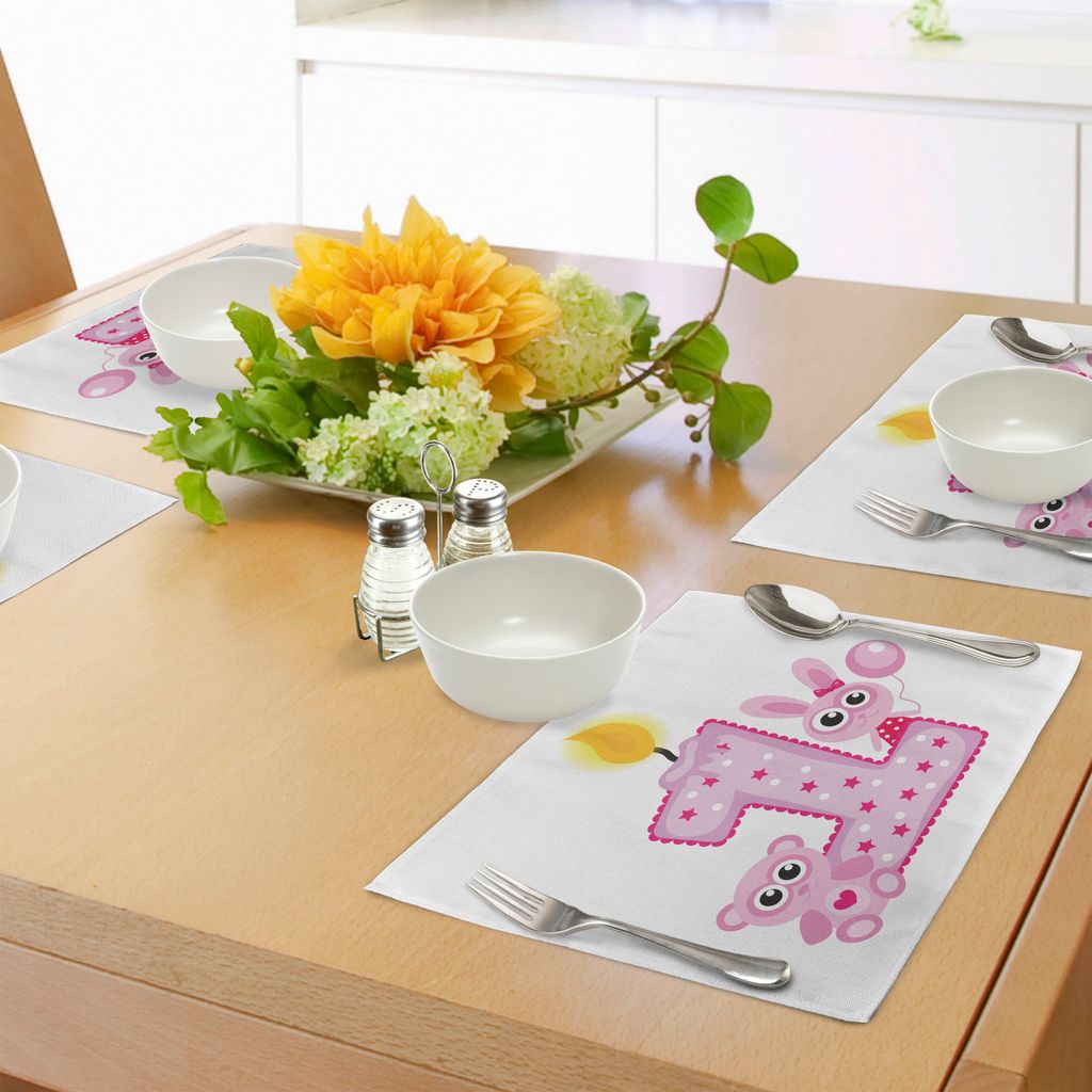 ABAKUHAUS 1. Geburtstag Platzmatten, Mädchen Party Theme mit ersten Kerze Bunny und Bear Animals Image, Tiscjdeco aus Farbfesten Stoff für das Es...