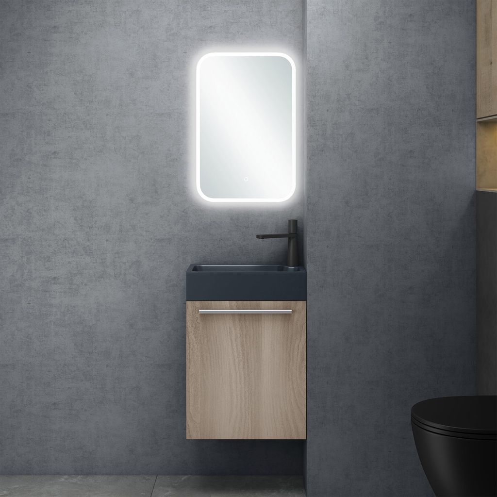 doporro Badmöbel-Set Waschtisch mit Unterschrank in Hell Eiche Waschbeckenunterschrank Gäste WC 46x26x63cm inkl. matt Anthrazit Waschbecken und L...