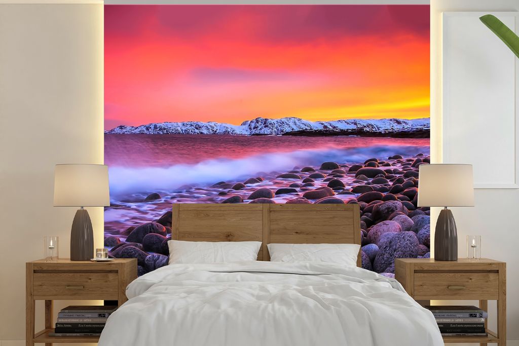 MuchoWow Fototapete für Wohnzimmer oder Schlafzimmer Wandtapete Vinyl Motivtapete Sonne - Steine - Schnee - Landschaft - Wasser - 350x350 cm - S...