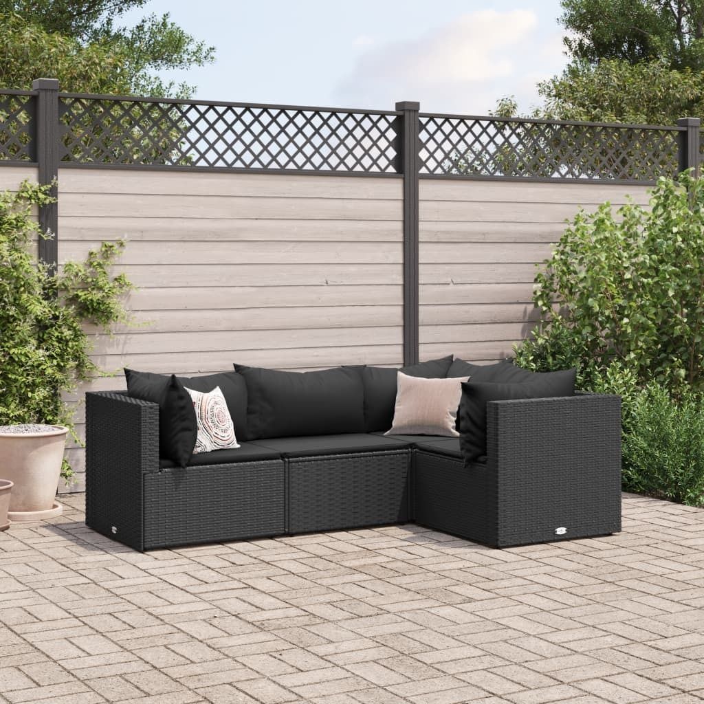 4-tlg. Garten-Lounge-Set mit Kissen Schwarz Poly Rattan - Gartenmöbelgarnituren 3308075
