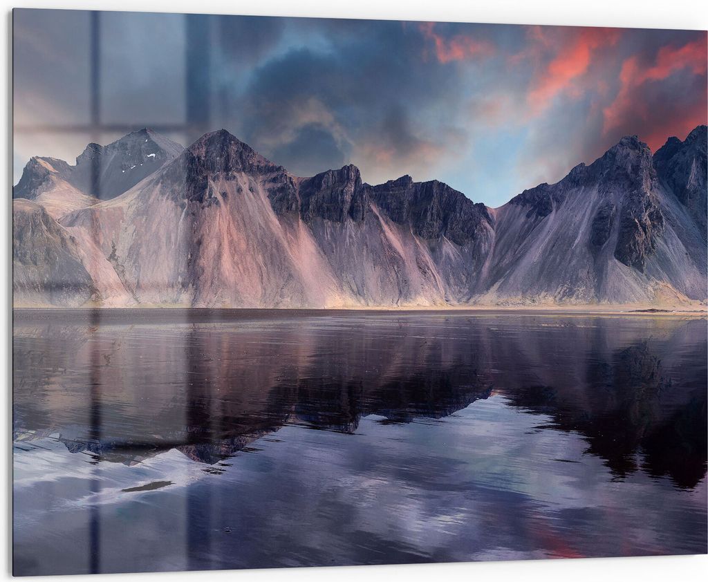 DEQORI Küchenrückwand Glas 80x60 cm 'Dramatisches Vestrahorn' Spritzschutz Bad Rückwand