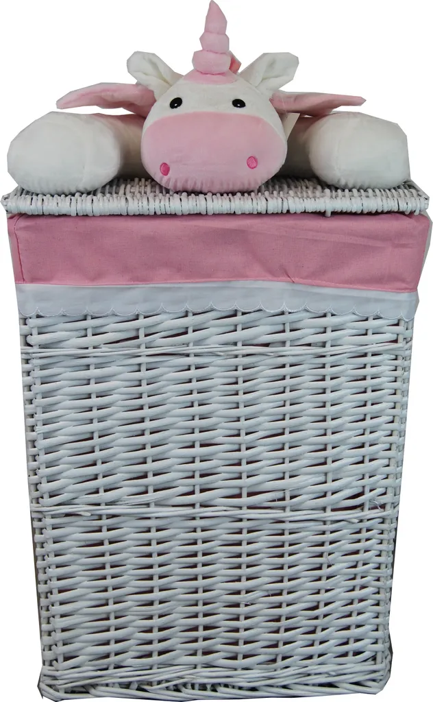 Corbeille à linge pour chambre d'enfant licorne en osier blanc et rose