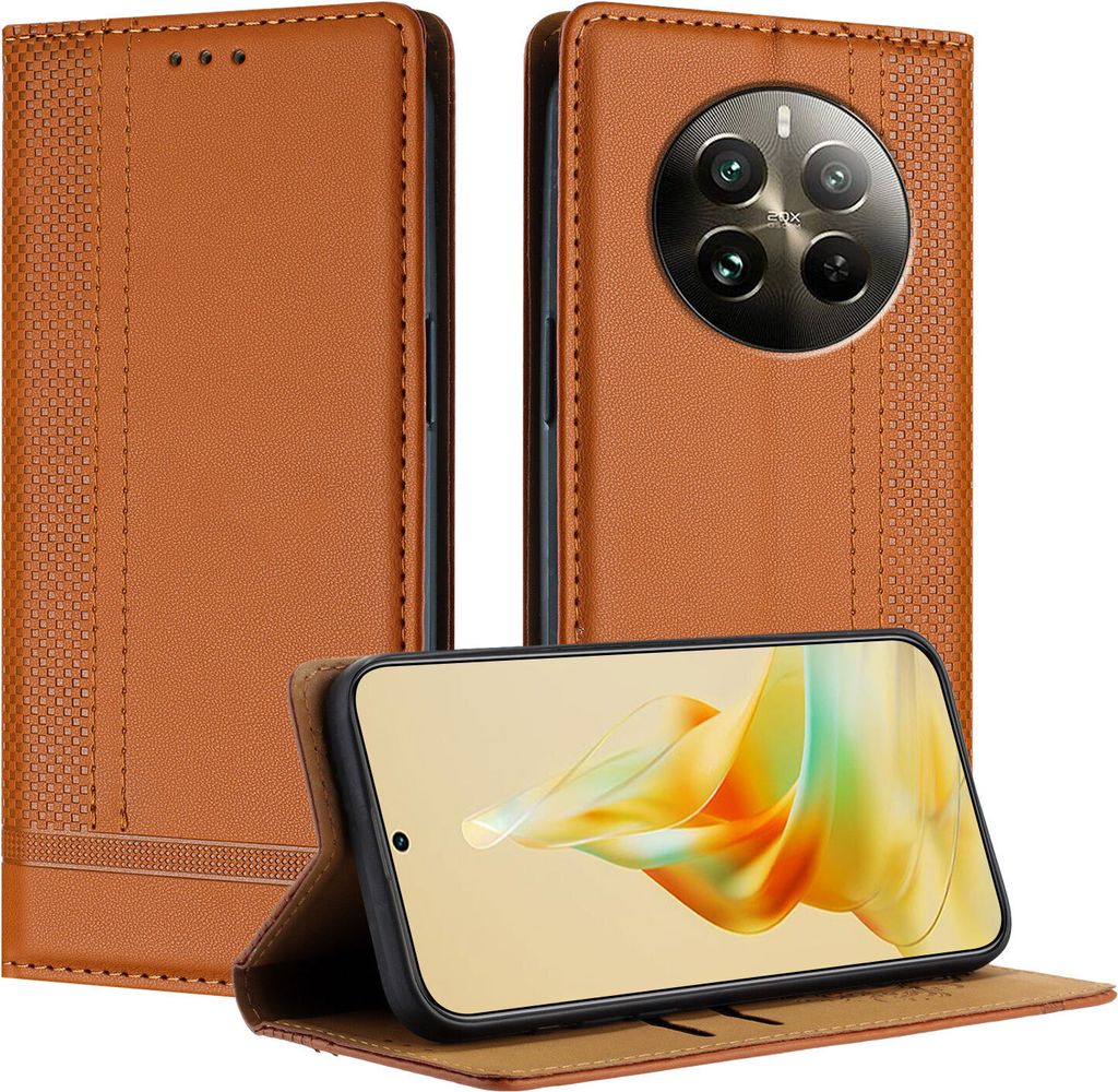 Handyhülle für Realme 12 Pro Leder Flip Klappbare Schutzhülle mit Standfunktion Braun
