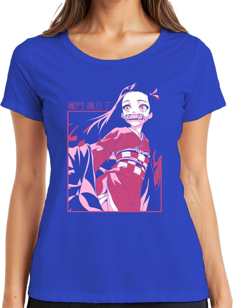 Nezuko Kimetsu no Yaiba Dämon Mädchen Bambus Anime Geschenk Damen T-Shirt, Blau, L