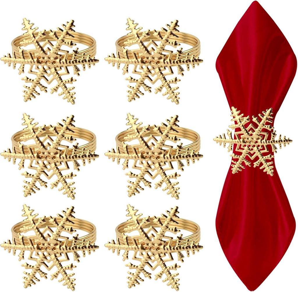 Stück Weihnachtsserviettenringe mit goldenen Spiegelschneeflocken zur festlichen Tischdekoration