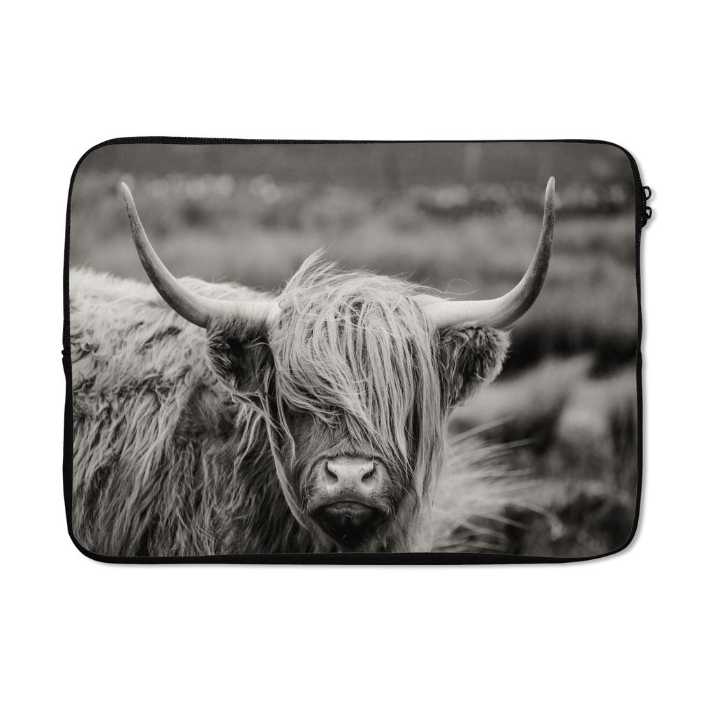 MuchoWow Laptop Hülle 13 Zoll Schottischer Highlander - Kuh - Tiere - Schwarz-Weiß - Ländlich Laptoptasche - Laptophülle - Sleeve - Rundumschutz