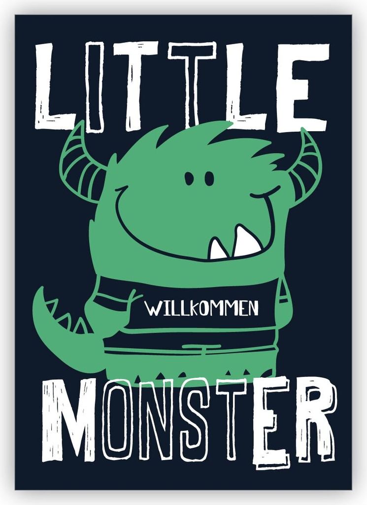 4x Humorvolle Babykarte als Glückwunsch zur Geburt für Jungen und Mädchen mit frechem Monster in blau: Willkommen Little Monster
