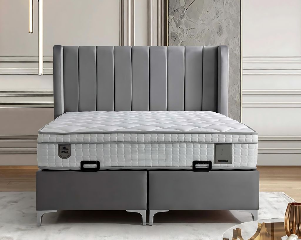 Elegantes graues Bett mit Matratze aus Textil und Holz