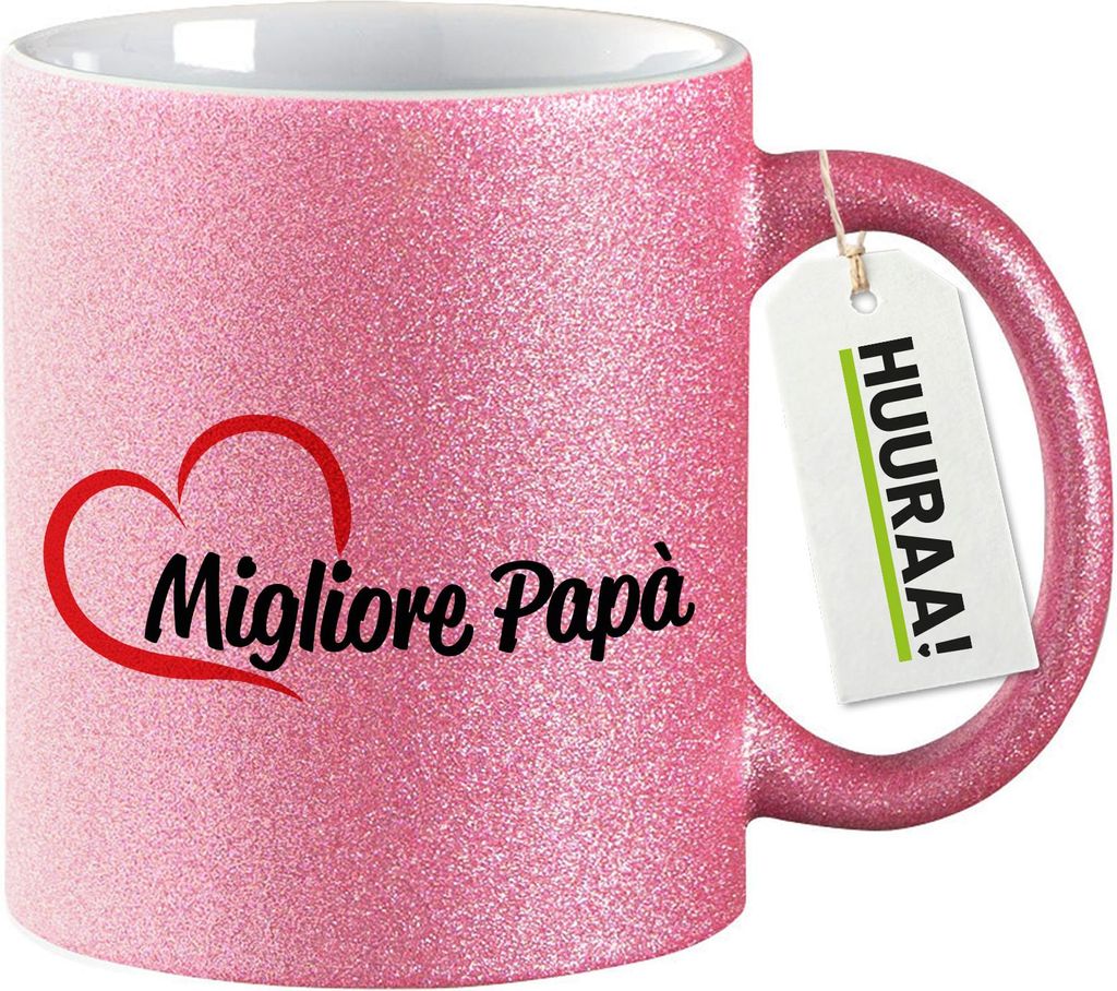 Huuraa Glitzertasse Migliore Papà Cuore 330ml Pink Keramik Kaffeebecher Geschenkidee