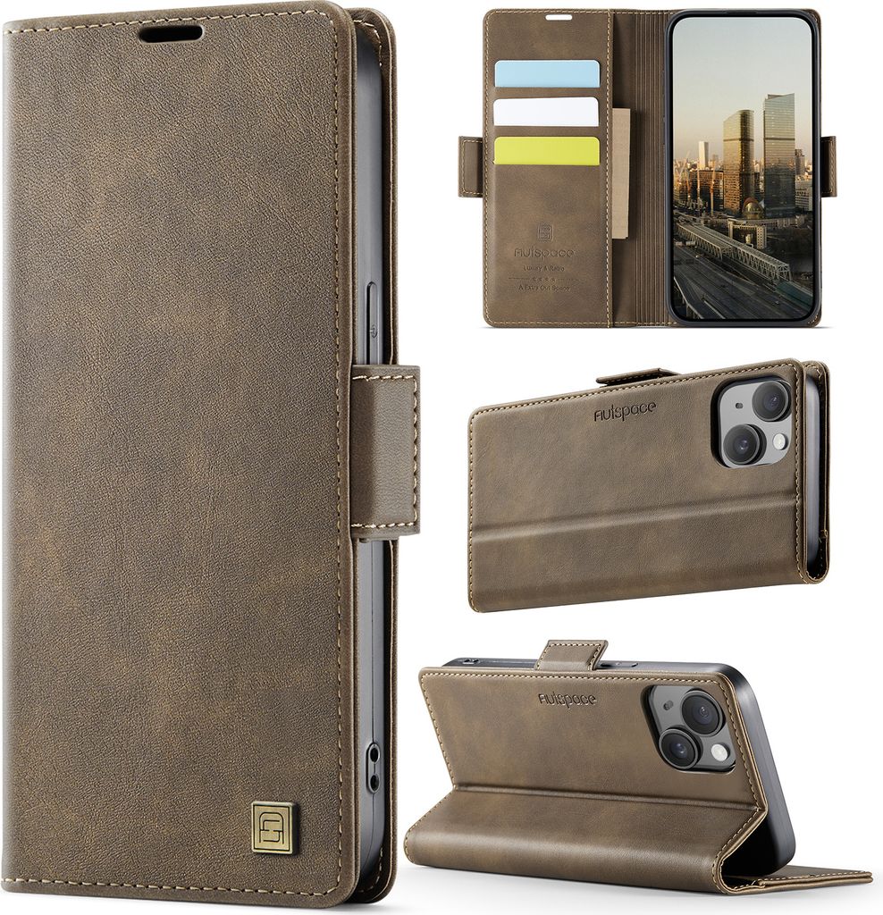 Lederhülle für iPhone 15 Plus, RFID Schutz Handyhülle mit Magnetverschluss, Kartenfächern und Ständer Braun
