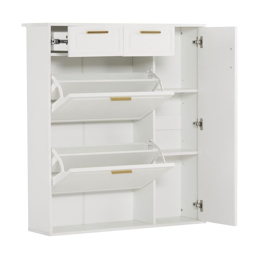 Moderne Schuhschrank, mit verstellbaren Regalen, goldenen Griffen, Schubladen, Klappschuhschrank und Türen, weiß, B95/D24/H107.5