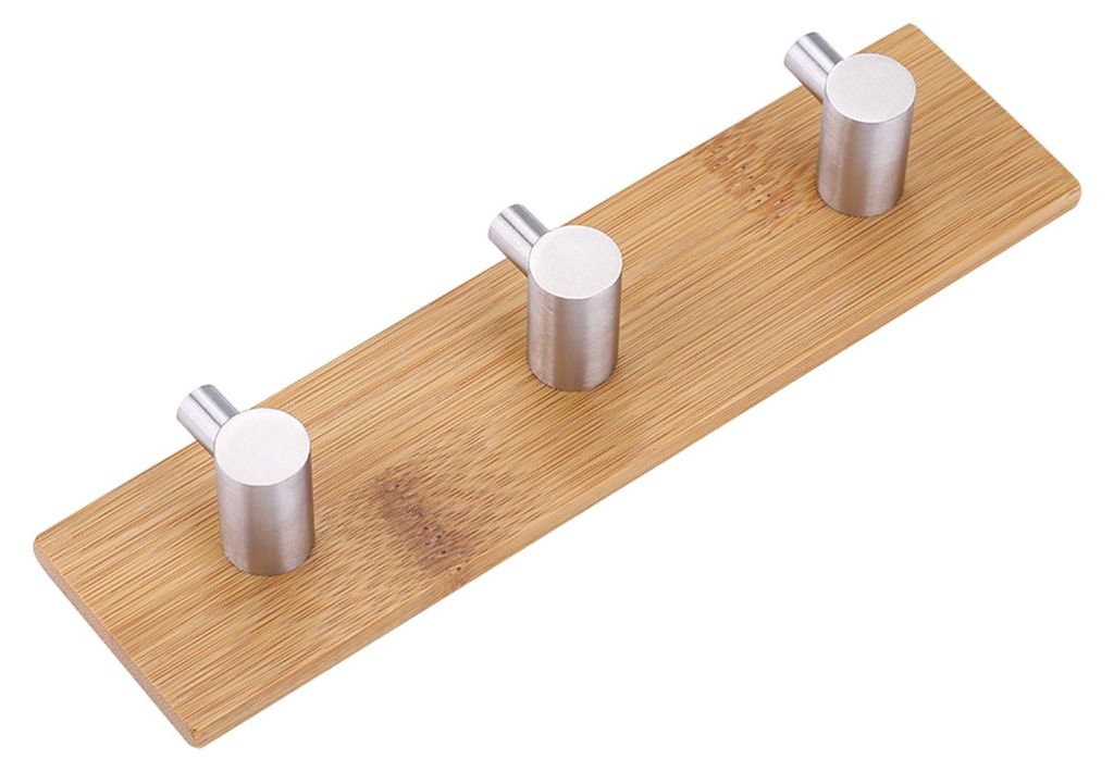 Natürlicher Bambus-Edelstahl-Wandhaken, Haken, Tasche, Schlüssel, Handtuch, Küche, drei