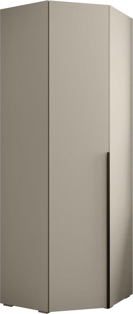 A tall, neutral-colored corner cabinet with a single door.