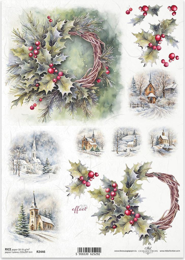 Papier ryżowy do decoupage A4 ITD-R2446 zimowe wianki i Zdjęcie produktu 