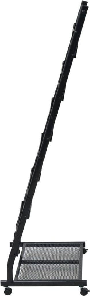 A black metal magazine rack on wheels, shown from the side.