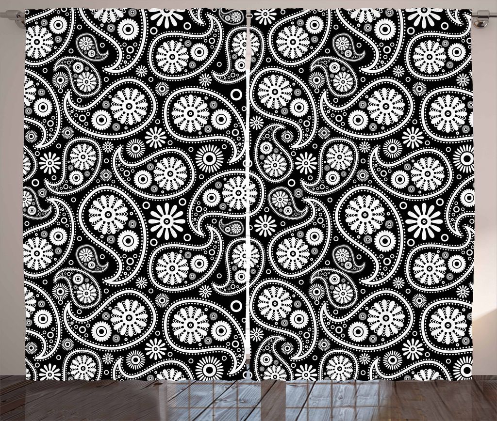 ABAKUHAUS Schwarz und weiß Rustikaler Vorhang, Paisley Art, Wohnzimmer Universalband Gardinen mit Schlaufen und Haken, 280 x 175 cm, Weiß Schwarz