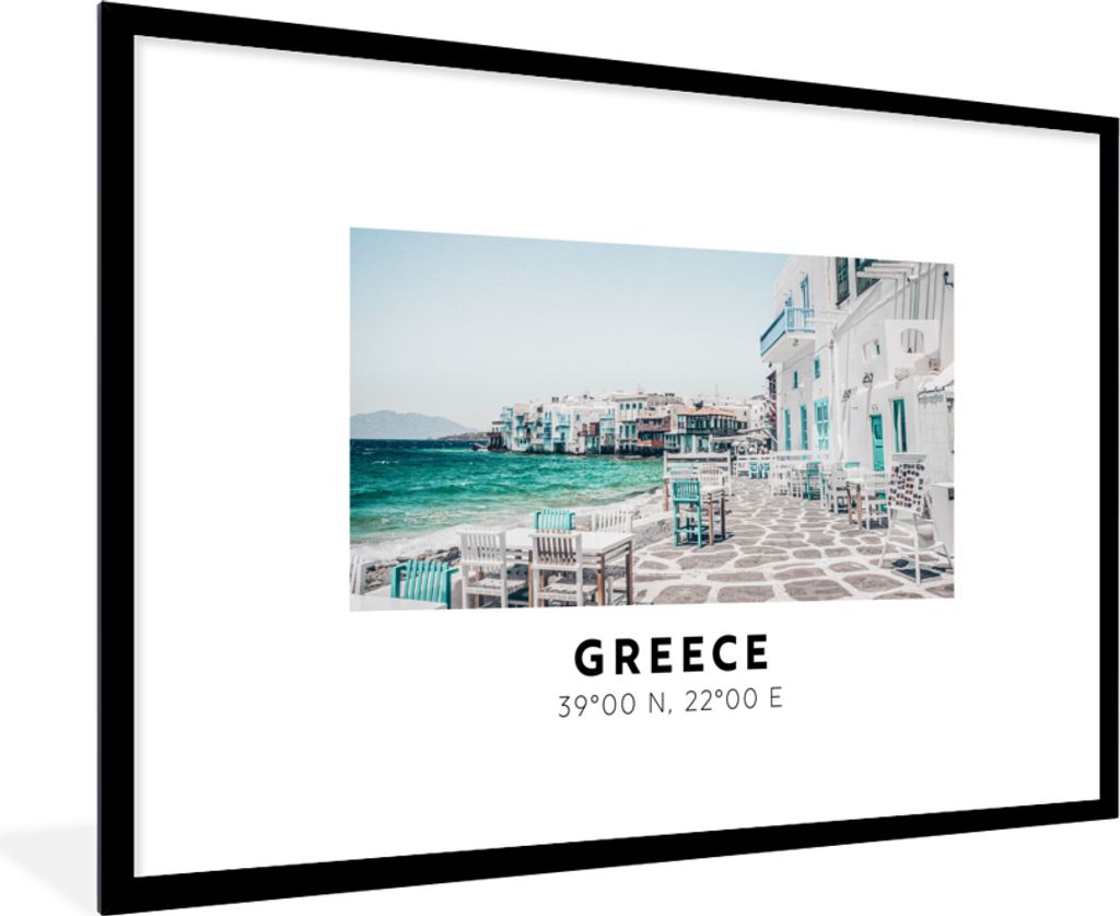 MuchoWow Gerahmtes Poster Griechenland - Blau - Meer - Stühle 90x60 cm - Poster mit Schwarzem Bilderrahmen Wandposter Rahmen Foto Bilder - Wandd...