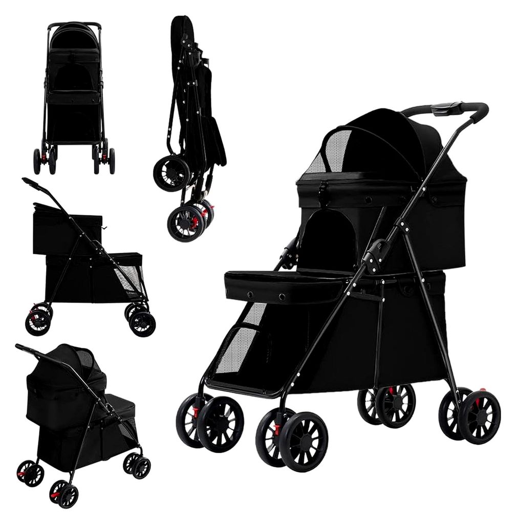 Doppelkinderwagen für Hunde und Katzen, 3-in-1, faltbar, für 2 Tiere bis 25 kg, Transporttasche für Hundekäfig, Buggy, abnehmbar