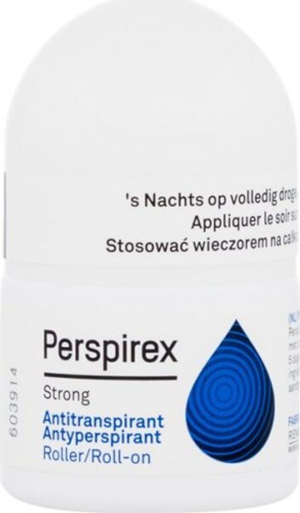 A white roll-on antiperspirant bottle with a blue droplet logo.