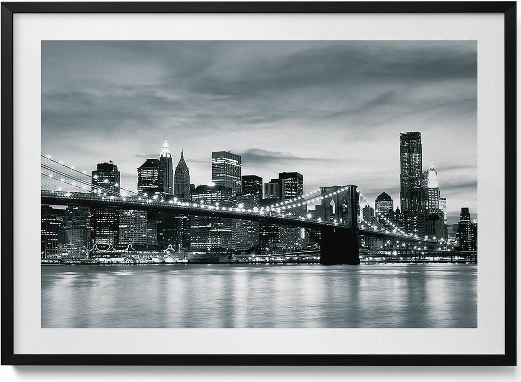 Brooklyn Bridge - Skyline von New York– Wandbild mit Rahmen – Gerahmtes Bild – Wanddekoration – 100x70 cm – Schwarz Rahmen