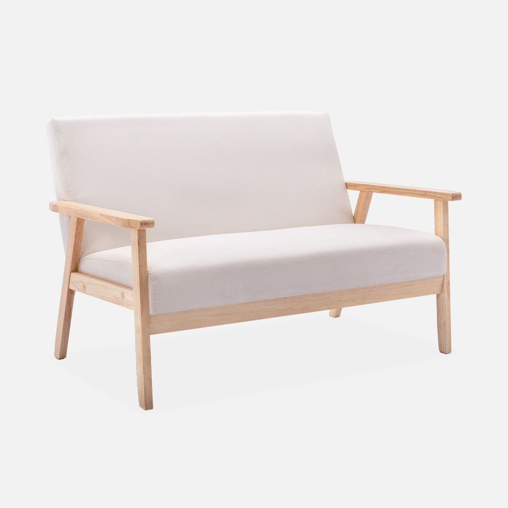 A beige two-seater sofa with wooden legs and arms is shown against a plain white background.