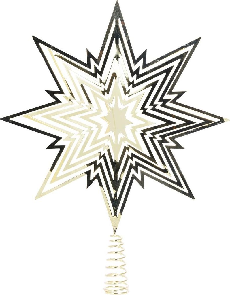 A gold-colored star-shaped tree topper with layered, jagged edges and a coiled spring base, isolated on a white background.