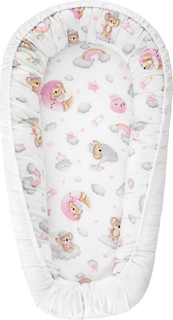 Multifunktionale Kuschelnest Babynest Kokon für Babys und Säuglinge Nestchen, Reisebett 100% Baumwolle antiallergisch weiß mit schlafendem Bär