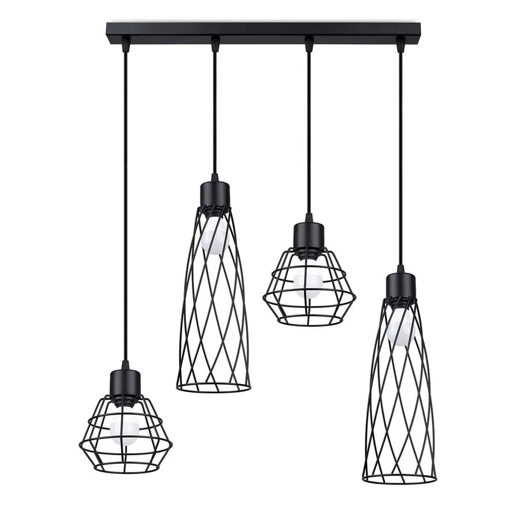 Lustre Suspension Moderne 4 Lumières Noir en Acier pour Salle à Manger