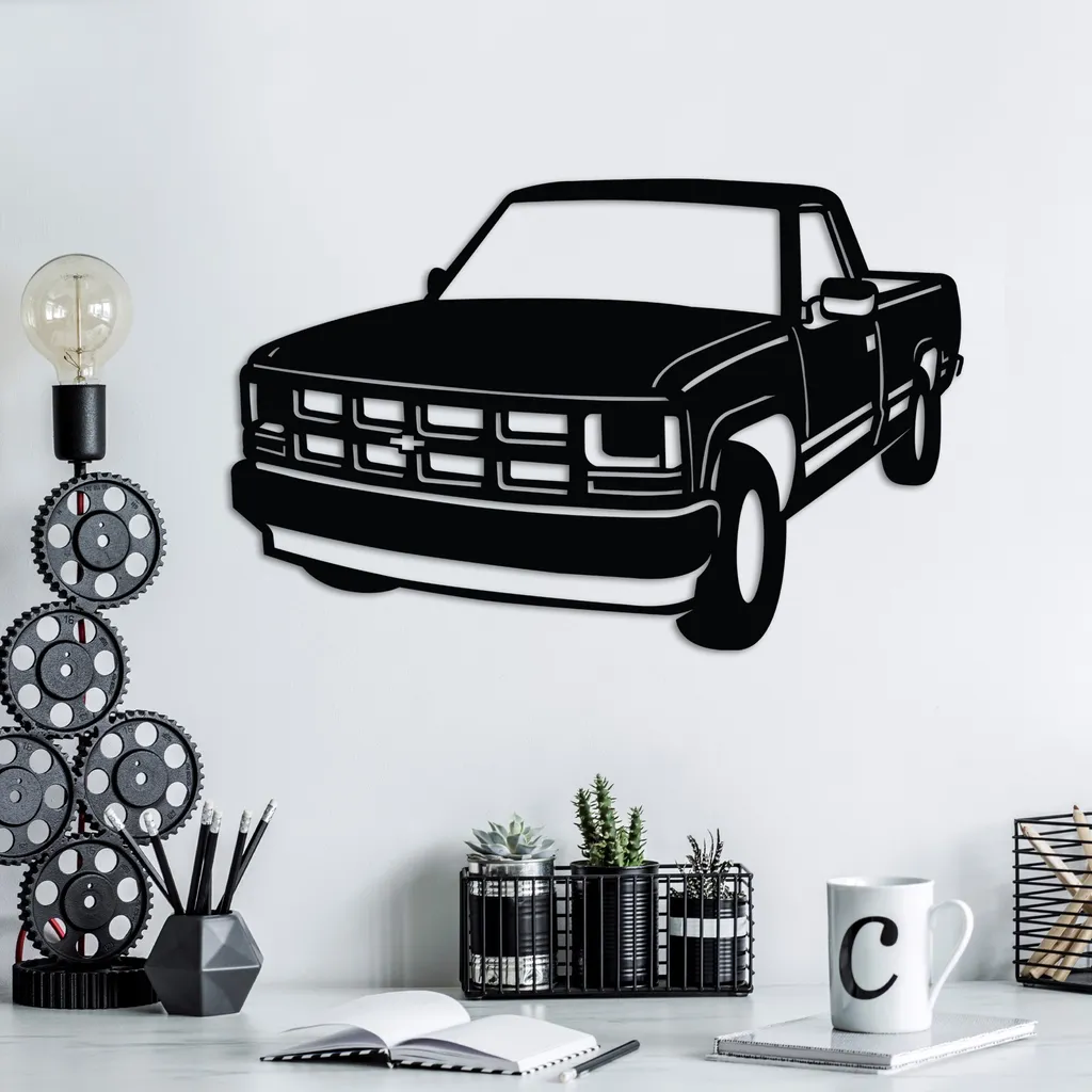Déco Murale Métal Noir Chevrolet C-K 1994-1996 Haute Précision 60x39cm