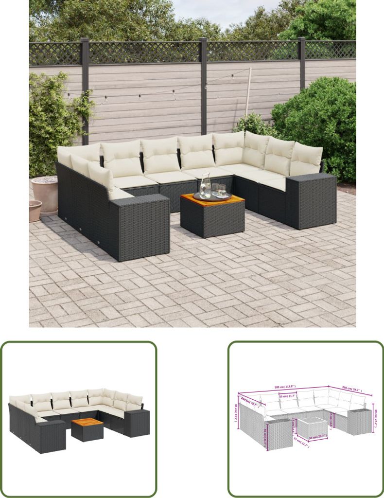 The Living Store 10-tlg. Garten-Sofagarnitur mit Kissen Schwarz Poly Rattan