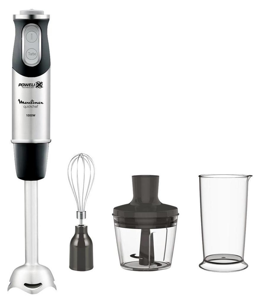 A set of kitchen appliances including a hand blender, a whisk attachment, a chopper attachment, and a measuring cup, all displayed against a white background.