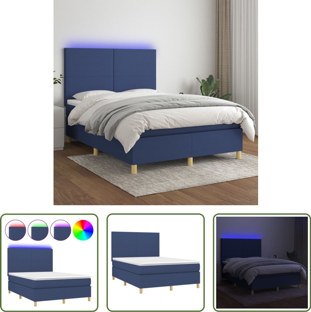 The Living Store Boxspringbett mit Matratze & LED Blau 140x200 cm Stoff