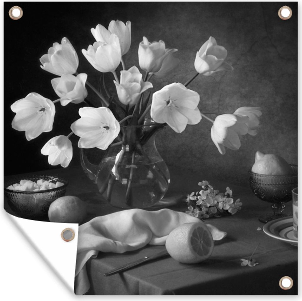 MuchoWow 100x100 cm Outdoor-Poster Gartendeko Sichtschutz Garten Poster für den Garten Stilleben - Blumen - Schwarz und weiß