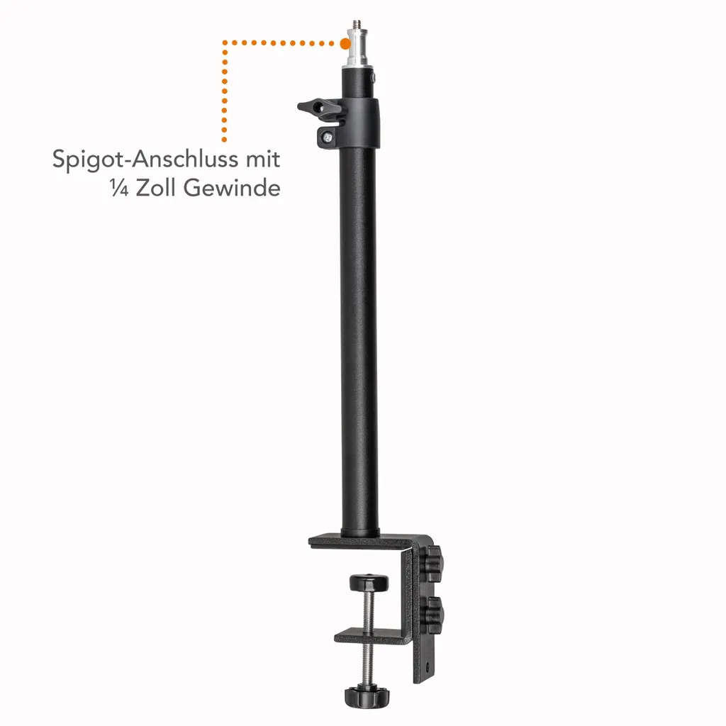 Walimex pro Treppiede per lampada da tavolo regolabile in altezza da 35 a 65 cm, treppiede da tavolo con testa a sfera per rotazione di 360° e inclinazione di 90°, treppiede con attacco a morsetto per illuminazione da studio e telecamera - 14