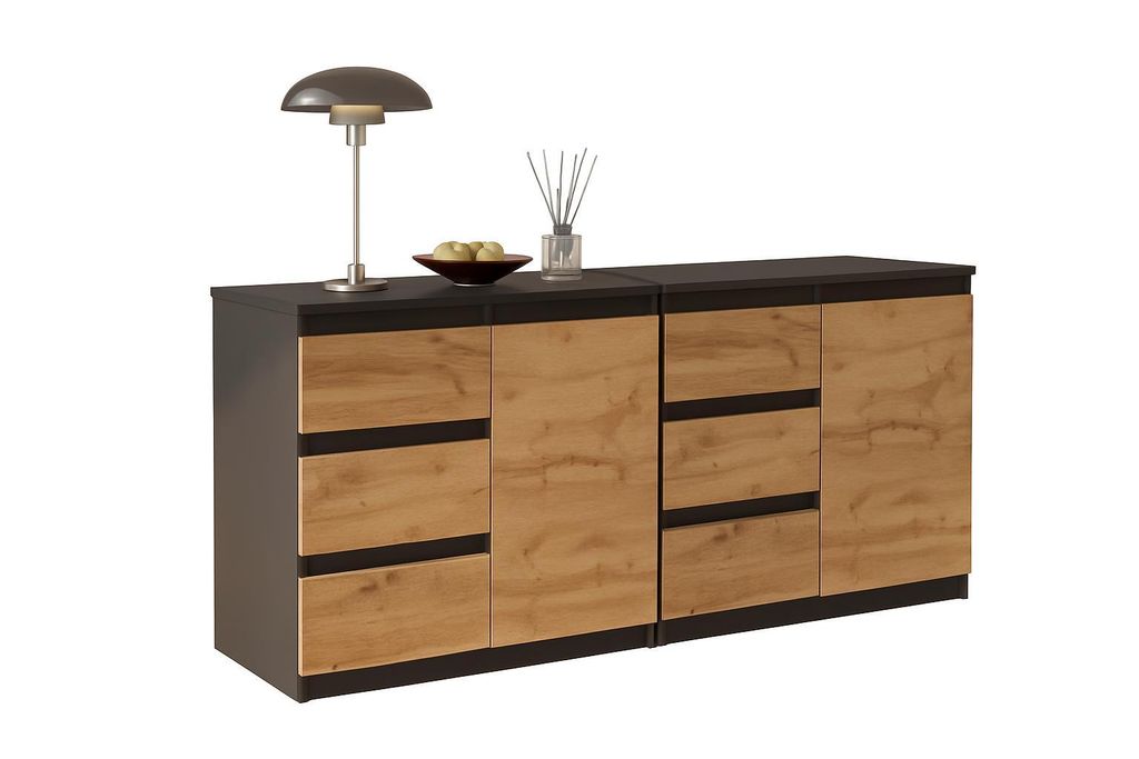 Kommode Anthrazit / Wotan-Eiche 160 cm, 6 Schubladen, 2 Türen, 2 Regalböden, Wohnzimmer-Set